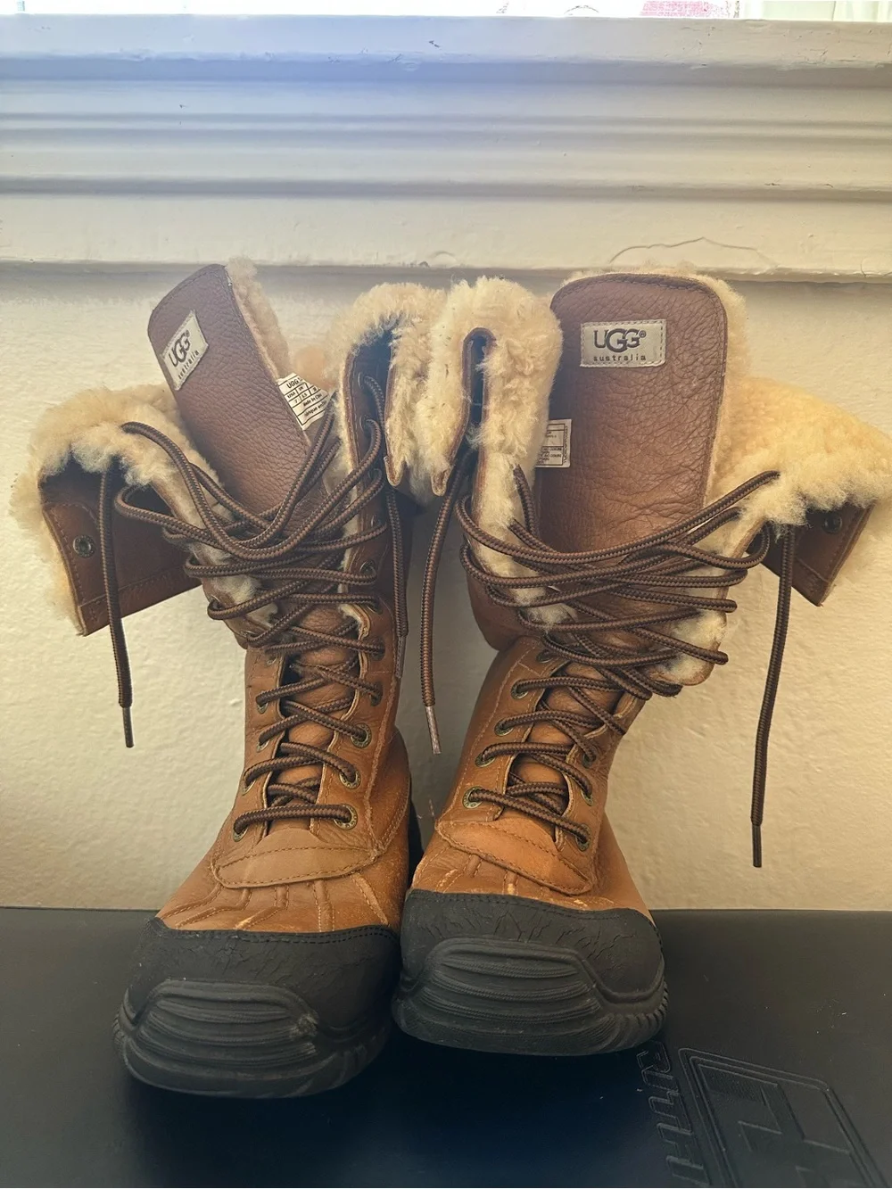 UGG Tan Leather Shearling Lace-Up Winter Boots